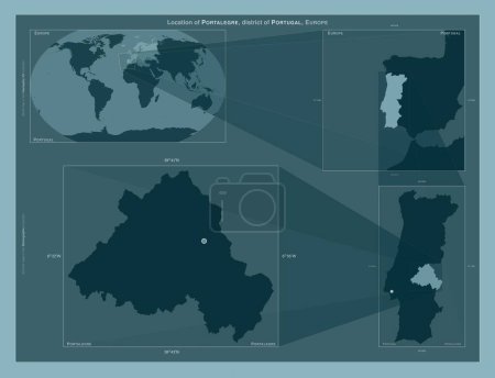 Photo for Portalegre, district of Portugal. Diagram showing the location of the region on larger-scale maps. Composition of vector frames and PNG shapes on a solid background - Royalty Free Image