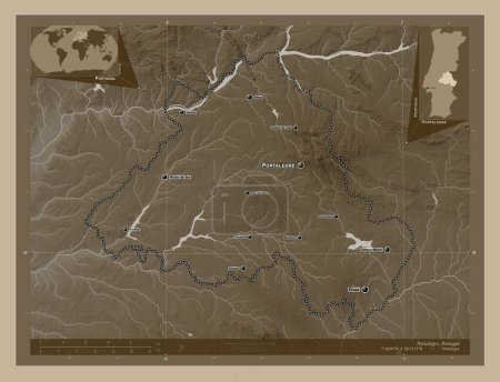Photo for Portalegre, district of Portugal. Elevation map colored in sepia tones with lakes and rivers. Locations and names of major cities of the region. Corner auxiliary location maps - Royalty Free Image