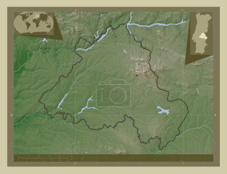 Téléchargez les photos : Portalegre, district of Portugal. Elevation map colored in wiki style with lakes and rivers. Corner auxiliary location maps - en image libre de droit