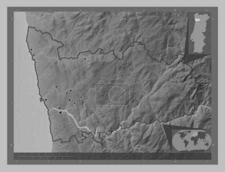 Foto de Porto, district of Portugal. Grayscale elevation map with lakes and rivers. Locations of major cities of the region. Corner auxiliary location maps - Imagen libre de derechos