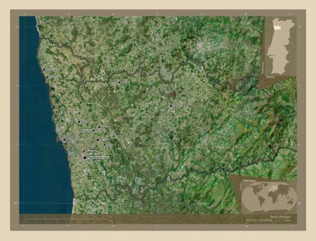 Foto de Porto, district of Portugal. High resolution satellite map. Locations and names of major cities of the region. Corner auxiliary location maps - Imagen libre de derechos