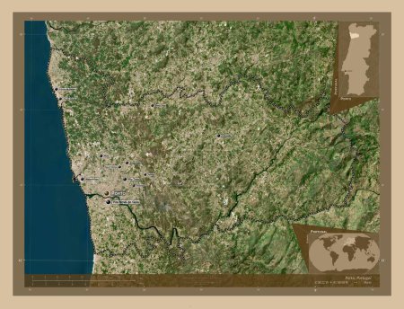 Foto de Porto, district of Portugal. Low resolution satellite map. Locations and names of major cities of the region. Corner auxiliary location maps - Imagen libre de derechos