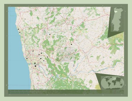 Téléchargez les photos : Porto, district of Portugal. Open Street Map. Locations of major cities of the region. Corner auxiliary location maps - en image libre de droit