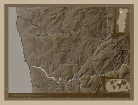Photo for Porto, district of Portugal. Elevation map colored in sepia tones with lakes and rivers. Corner auxiliary location maps - Royalty Free Image
