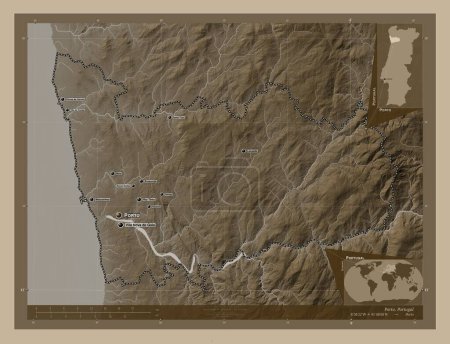 Foto de Porto, district of Portugal. Elevation map colored in sepia tones with lakes and rivers. Locations and names of major cities of the region. Corner auxiliary location maps - Imagen libre de derechos