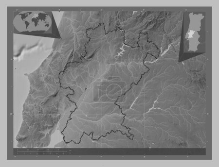 Téléchargez les photos : Santarem, district of Portugal. Grayscale elevation map with lakes and rivers. Corner auxiliary location maps - en image libre de droit
