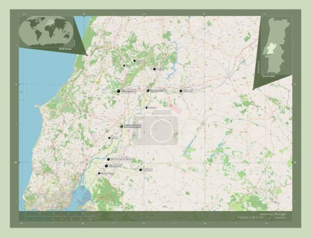 Téléchargez les photos : Santarem, district of Portugal. Open Street Map. Locations and names of major cities of the region. Corner auxiliary location maps - en image libre de droit