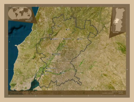 Foto de Santarem, district of Portugal. Low resolution satellite map. Locations and names of major cities of the region. Corner auxiliary location maps - Imagen libre de derechos