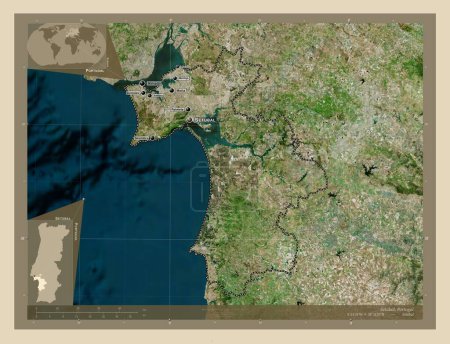 Photo for Setubal, district of Portugal. High resolution satellite map. Locations and names of major cities of the region. Corner auxiliary location maps - Royalty Free Image