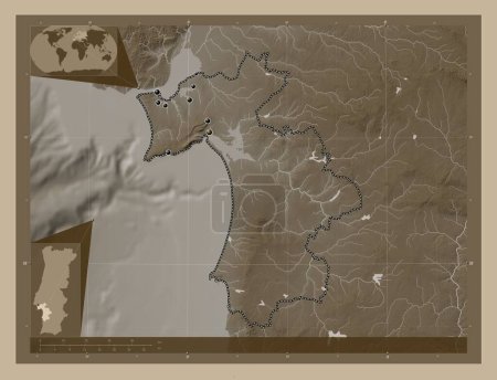 Photo for Setubal, district of Portugal. Elevation map colored in sepia tones with lakes and rivers. Locations of major cities of the region. Corner auxiliary location maps - Royalty Free Image