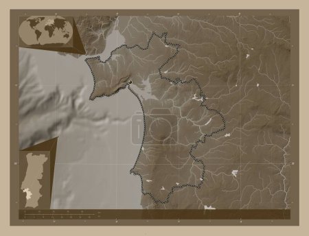 Téléchargez les photos : Setubal, district of Portugal. Elevation map colored in sepia tones with lakes and rivers. Corner auxiliary location maps - en image libre de droit