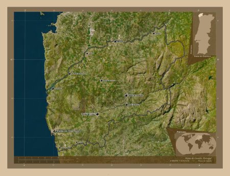 Foto de Viana do Castelo, district of Portugal. Low resolution satellite map. Locations and names of major cities of the region. Corner auxiliary location maps - Imagen libre de derechos