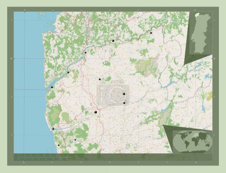 Téléchargez les photos : Viana do Castelo, district of Portugal. Open Street Map. Locations of major cities of the region. Corner auxiliary location maps - en image libre de droit