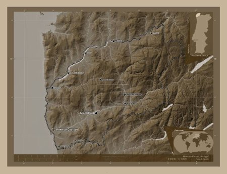 Foto de Viana do Castelo, district of Portugal. Elevation map colored in sepia tones with lakes and rivers. Locations and names of major cities of the region. Corner auxiliary location maps - Imagen libre de derechos