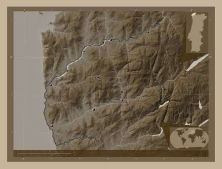 Photo for Viana do Castelo, district of Portugal. Elevation map colored in sepia tones with lakes and rivers. Locations of major cities of the region. Corner auxiliary location maps - Royalty Free Image