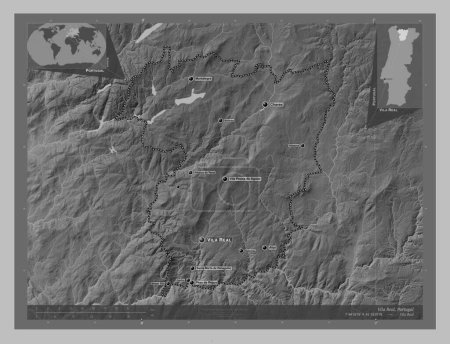 Foto de Vila Real, district of Portugal. Grayscale elevation map with lakes and rivers. Locations and names of major cities of the region. Corner auxiliary location maps - Imagen libre de derechos