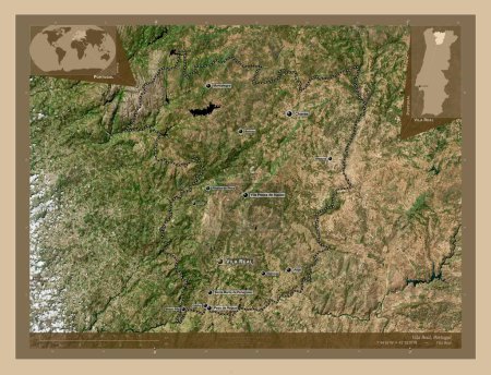 Foto de Vila Real, district of Portugal. Low resolution satellite map. Locations and names of major cities of the region. Corner auxiliary location maps - Imagen libre de derechos