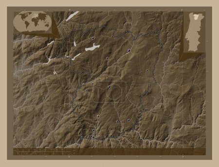 Téléchargez les photos : Vila Real, district of Portugal. Elevation map colored in sepia tones with lakes and rivers. Locations of major cities of the region. Corner auxiliary location maps - en image libre de droit