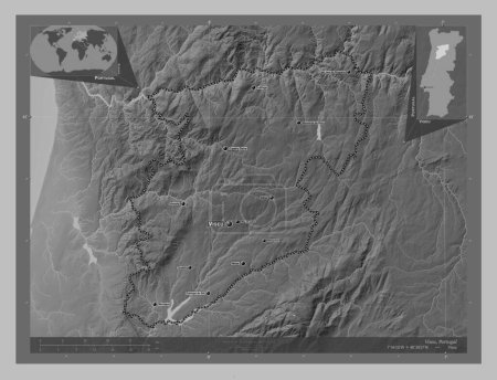 Téléchargez les photos : Viseu, district of Portugal. Grayscale elevation map with lakes and rivers. Locations and names of major cities of the region. Corner auxiliary location maps - en image libre de droit