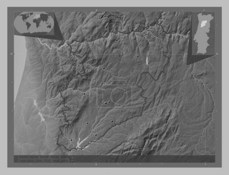 Foto de Viseu, district of Portugal. Grayscale elevation map with lakes and rivers. Locations of major cities of the region. Corner auxiliary location maps - Imagen libre de derechos