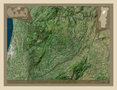 Foto de Viseu, district of Portugal. High resolution satellite map. Locations and names of major cities of the region. Corner auxiliary location maps - Imagen libre de derechos