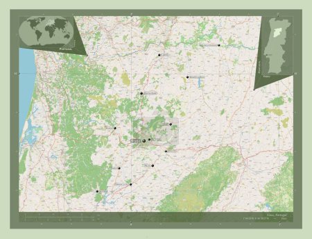 Téléchargez les photos : Viseu, district of Portugal. Open Street Map. Locations and names of major cities of the region. Corner auxiliary location maps - en image libre de droit