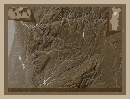 Foto de Viseu, district of Portugal. Elevation map colored in sepia tones with lakes and rivers. Locations of major cities of the region. Corner auxiliary location maps - Imagen libre de derechos