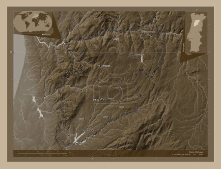 Foto de Viseu, district of Portugal. Elevation map colored in sepia tones with lakes and rivers. Locations and names of major cities of the region. Corner auxiliary location maps - Imagen libre de derechos