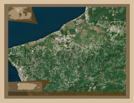 Foto de Aguada, municipality of Puerto Rico. Low resolution satellite map. Locations of major cities of the region. Corner auxiliary location maps - Imagen libre de derechos