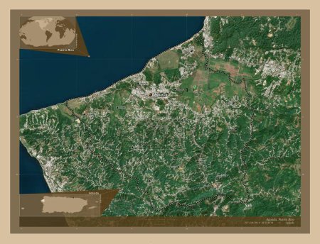 Foto de Aguada, municipality of Puerto Rico. Low resolution satellite map. Locations and names of major cities of the region. Corner auxiliary location maps - Imagen libre de derechos