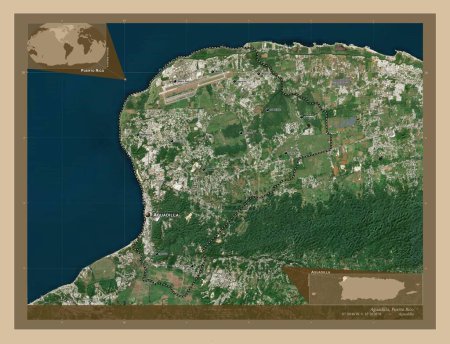 Foto de Aguadilla, municipality of Puerto Rico. Low resolution satellite map. Locations and names of major cities of the region. Corner auxiliary location maps - Imagen libre de derechos