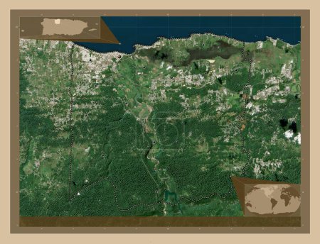 Foto de Arecibo, municipality of Puerto Rico. Low resolution satellite map. Locations of major cities of the region. Corner auxiliary location maps - Imagen libre de derechos