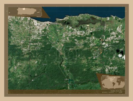 Foto de Arecibo, municipality of Puerto Rico. Low resolution satellite map. Locations and names of major cities of the region. Corner auxiliary location maps - Imagen libre de derechos