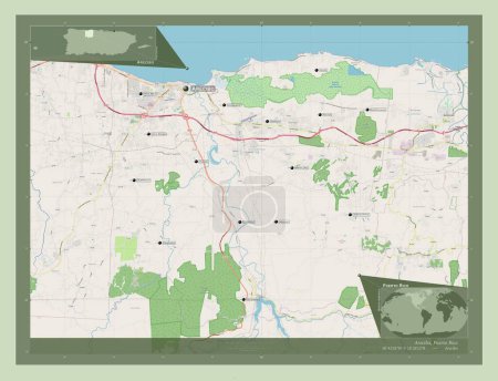 Foto de Arecibo, municipality of Puerto Rico. Open Street Map. Locations and names of major cities of the region. Corner auxiliary location maps - Imagen libre de derechos