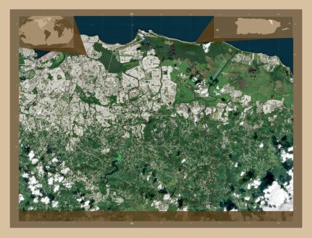 Foto de Carolina, municipality of Puerto Rico. Low resolution satellite map. Locations of major cities of the region. Corner auxiliary location maps - Imagen libre de derechos