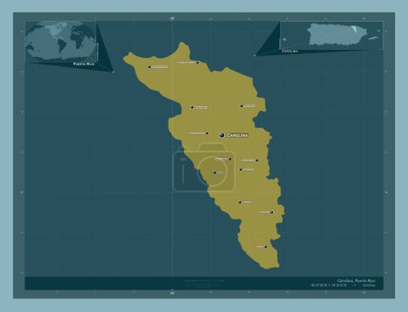 Téléchargez les photos : Carolina, municipality of Puerto Rico. Solid color shape. Locations and names of major cities of the region. Corner auxiliary location maps - en image libre de droit