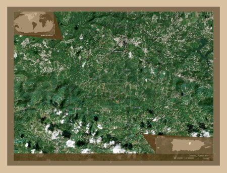 Photo for Corozal, municipality of Puerto Rico. Low resolution satellite map. Locations and names of major cities of the region. Corner auxiliary location maps - Royalty Free Image