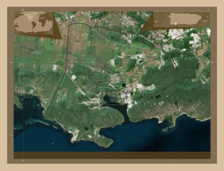 Foto de Guanica, municipality of Puerto Rico. Low resolution satellite map. Locations of major cities of the region. Corner auxiliary location maps - Imagen libre de derechos