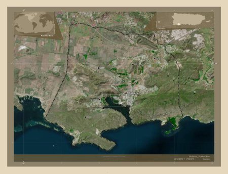 Photo for Guanica, municipality of Puerto Rico. High resolution satellite map. Locations and names of major cities of the region. Corner auxiliary location maps - Royalty Free Image