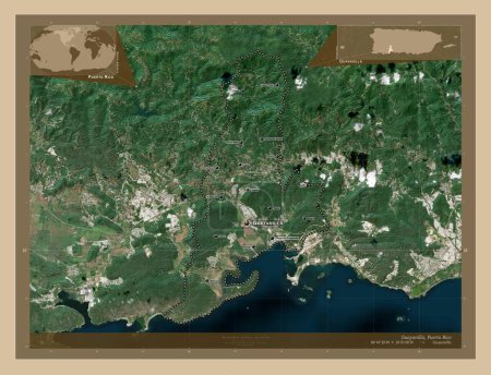 Photo for Guayanilla, municipality of Puerto Rico. Low resolution satellite map. Locations and names of major cities of the region. Corner auxiliary location maps - Royalty Free Image