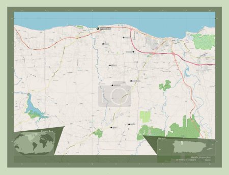 Foto de Hatillo, municipality of Puerto Rico. Open Street Map. Locations and names of major cities of the region. Corner auxiliary location maps - Imagen libre de derechos