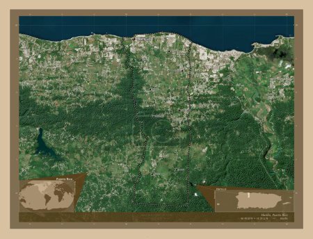 Foto de Hatillo, municipality of Puerto Rico. Low resolution satellite map. Locations and names of major cities of the region. Corner auxiliary location maps - Imagen libre de derechos