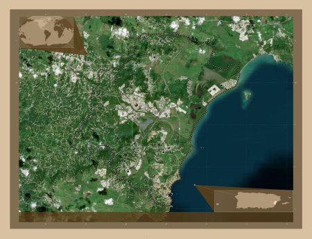Foto de Humacao, municipality of Puerto Rico. Low resolution satellite map. Locations of major cities of the region. Corner auxiliary location maps - Imagen libre de derechos