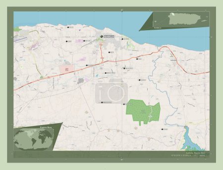 Téléchargez les photos : Isabela, municipality of Puerto Rico. Open Street Map. Locations and names of major cities of the region. Corner auxiliary location maps - en image libre de droit