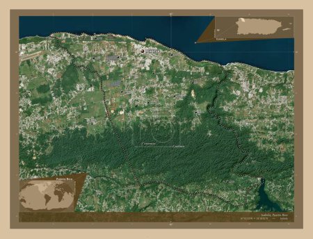 Téléchargez les photos : Isabela, municipality of Puerto Rico. Low resolution satellite map. Locations and names of major cities of the region. Corner auxiliary location maps - en image libre de droit