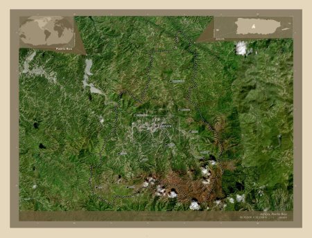 Foto de Jayuya, municipality of Puerto Rico. High resolution satellite map. Locations and names of major cities of the region. Corner auxiliary location maps - Imagen libre de derechos