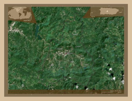 Photo for Jayuya, municipality of Puerto Rico. Low resolution satellite map. Locations and names of major cities of the region. Corner auxiliary location maps - Royalty Free Image
