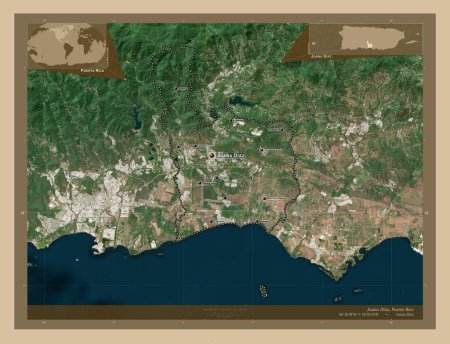 Foto de Juana Diaz, municipality of Puerto Rico. Low resolution satellite map. Locations and names of major cities of the region. Corner auxiliary location maps - Imagen libre de derechos