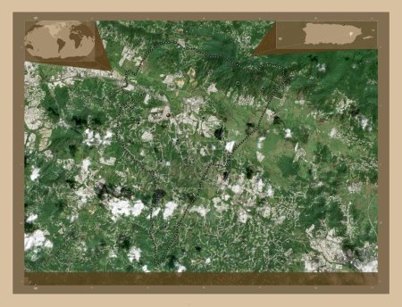 Photo for Juncos, municipality of Puerto Rico. Low resolution satellite map. Locations of major cities of the region. Corner auxiliary location maps - Royalty Free Image