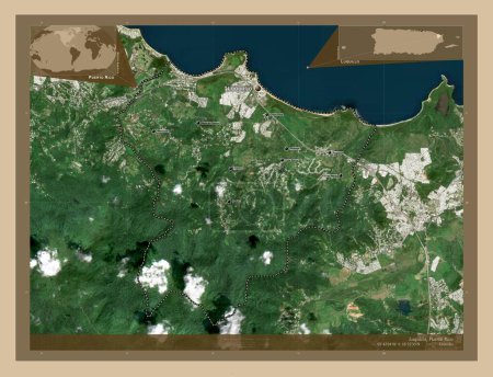 Foto de Luquillo, municipality of Puerto Rico. Low resolution satellite map. Locations and names of major cities of the region. Corner auxiliary location maps - Imagen libre de derechos